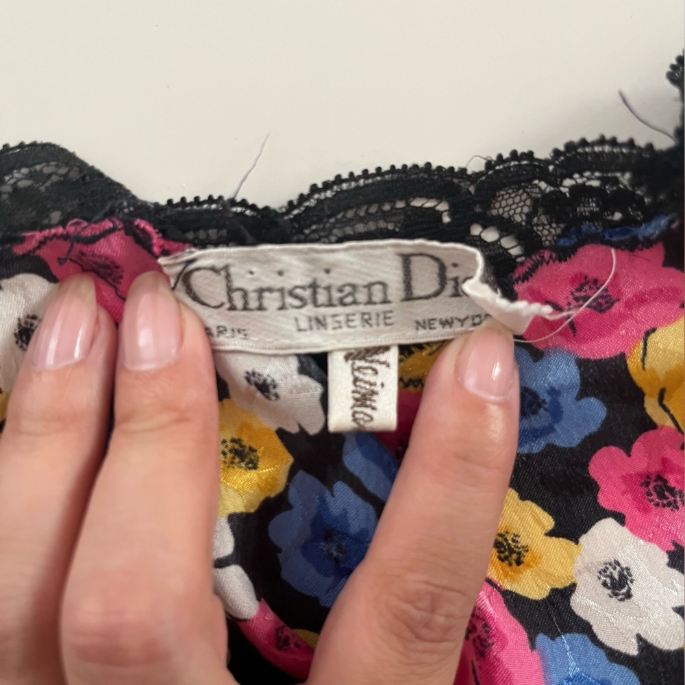 VTG Christian Dior Lingerie Multicolor Floral Satin Nightie Top with Black Lace - Picture 4 of 6